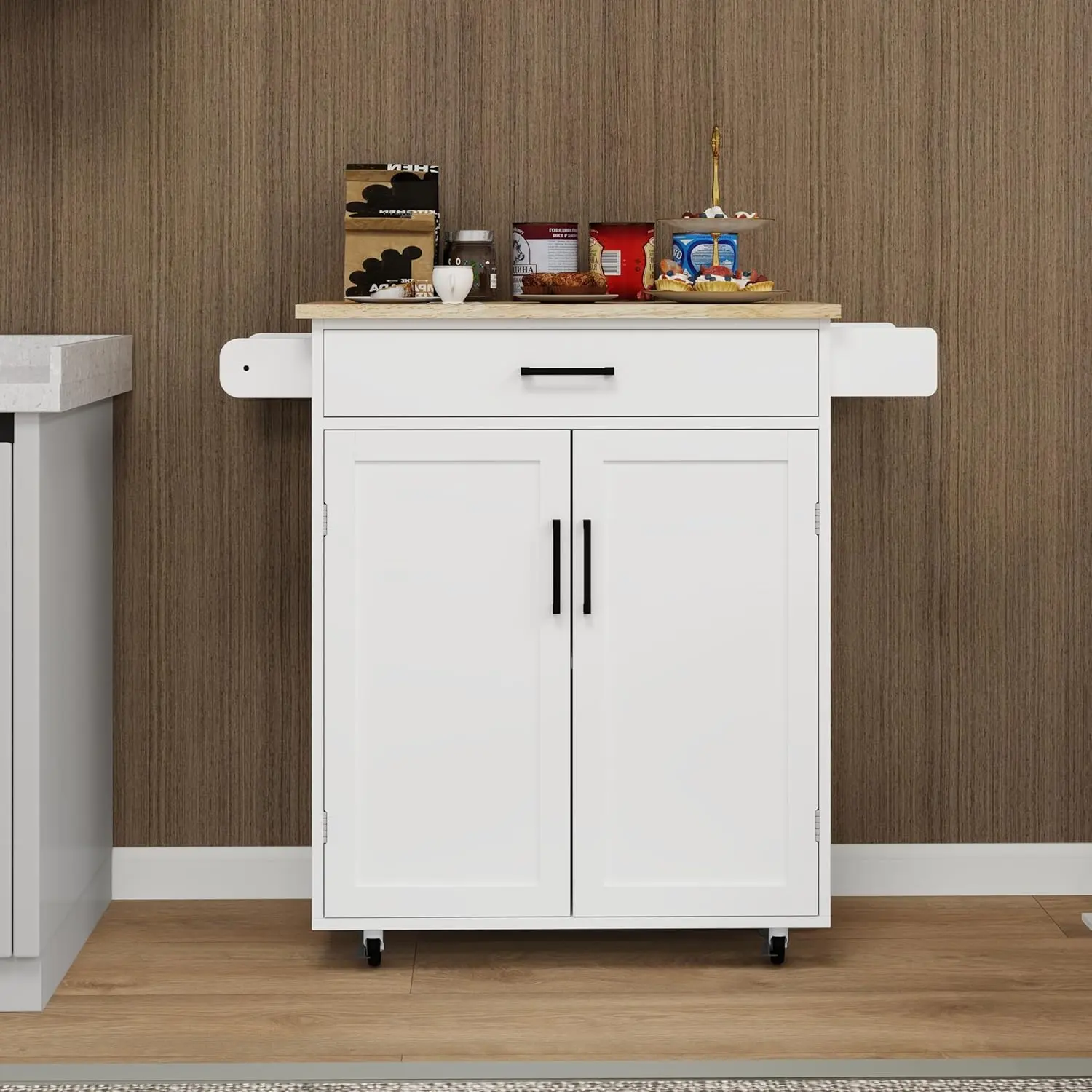 White Sturdy Durable Rolling Kitchen Island Trolley Cart with Rubber Solid Wood Table Top, 1 Drawer, 2 Doors, Adjustable Shelves, Towel Rack, Seasoning Rack - Assembly Required Indoor Furniture Cupboards & Cabinets (28.74 x 17.72 x 36.22 inches)