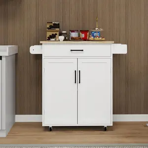 Kitchen Island Rolling Trolley Cart with 1 Drawer & 2 Doors, Adjustable Shelves & Towel Rack & Seasoning Rack,Kitchen Island with Storage Rubber Wood Table Top(White)