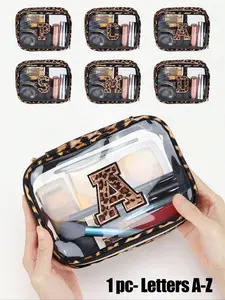 1 transparent PVC leopard print portable storage bag, with leopard print towel embroidered letters A-Z, large-capacity makeup storage bag, waterproof, with zipper, makeup bag, cosmetic pouch, Makeup Organizer Pouch