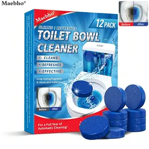 12 Pack Automatic Toilet Bowl Cleaner Tablets  Long-Lasting Blue Flush Deodorizer & Heavy Duty Stain Remover
