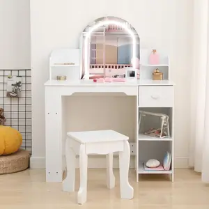 Garvee LED Lighted Kids Vanity Table with Mirror Stool Bookshelf & Storage – Princess Wooden Makeup Desk for Girls Bedroom or Playroom – White Pink Or Purple