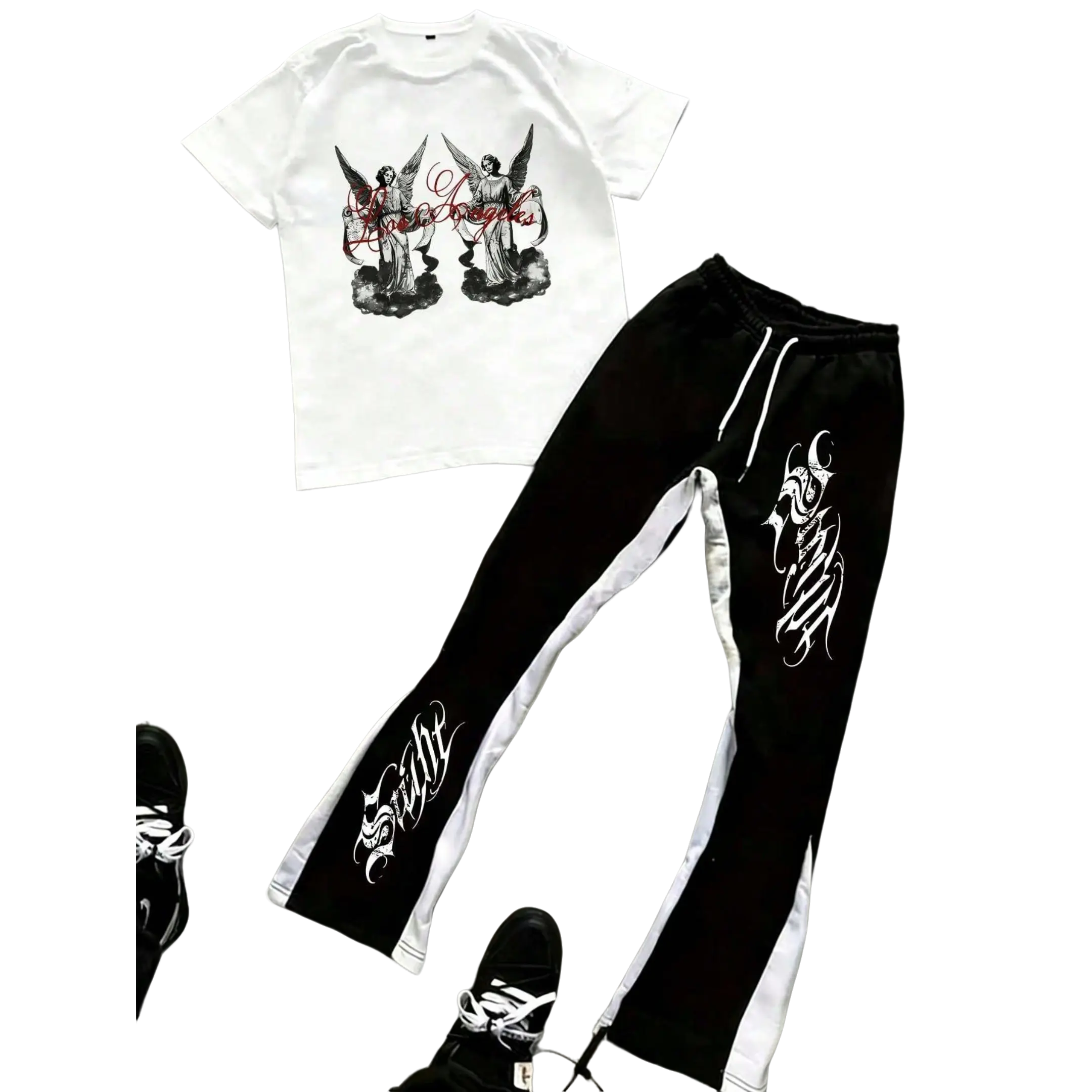 Men's Black T-Shirt & Pants Set, "Los Angeles" Winged Angels & Gothic Script Print Y2K Hip Hop Streetwear 2PC