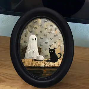 Vintage Style Halloween Cat Wall Decor, Floral Pattern Wooden Animal Ornament, Handmade Home Office Decoration for Christmas Thanksgiving, Ornaments Decor