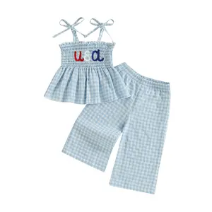 YSHWHWTS Toddler Girl 4th of July Outfit Smocked Clothes Spaghetti Strap Tank Top Dress Cotton Pants Cute Cake Smash Outfits
