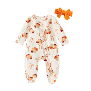 Newborn Baby Girl Thanksgiving Outfits Bow Turkey Print Long Sleeve Romper Zip Up Round Neck Footed Jumpsuit with Headband