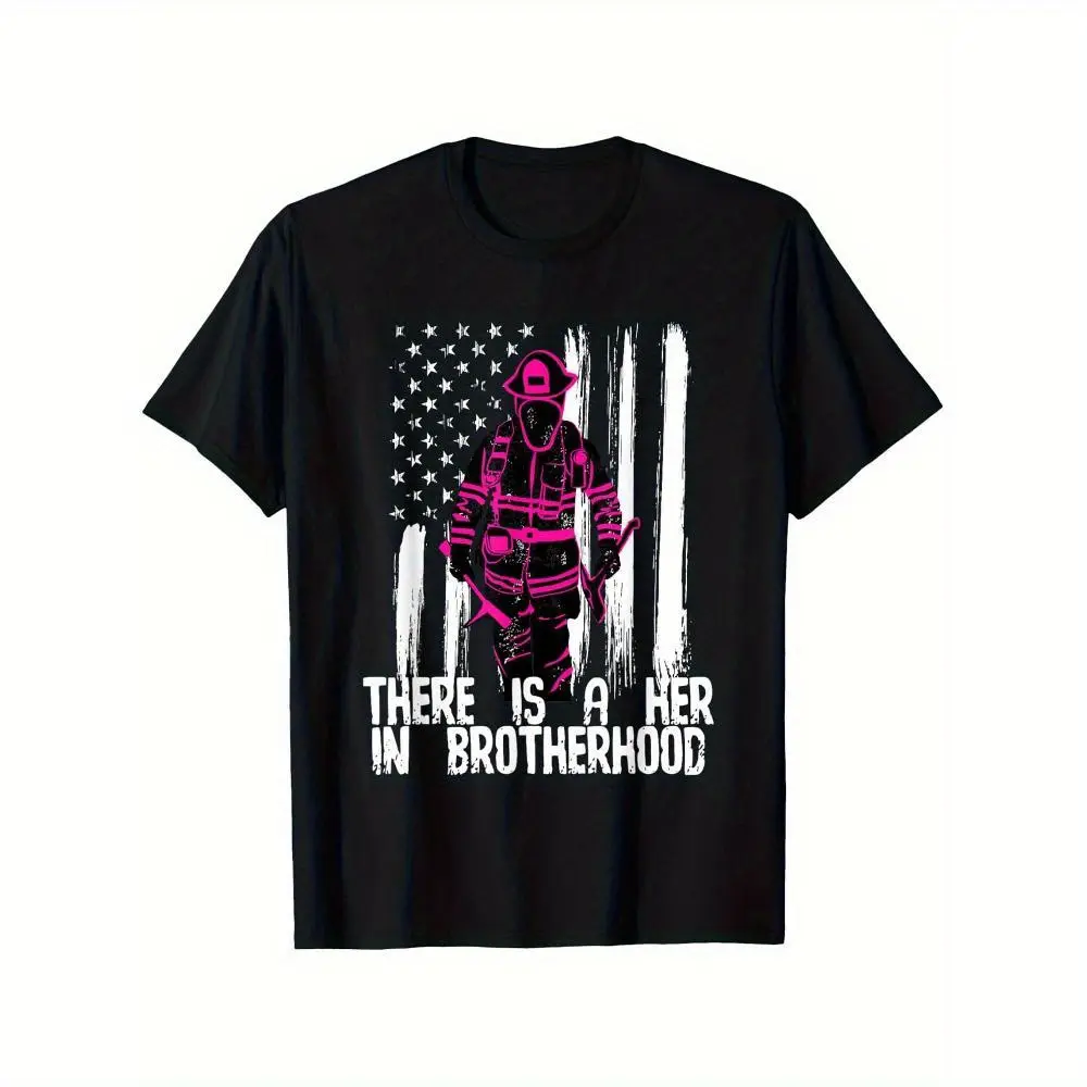 100% Cotton Firefighter T-Shirt - "She'S In Brotherhood" Design, 100% Cotton, Soft And Comfortable, Black, With American Flag And Firefighter Silhouette, Crew Neck, Size S-XXXL, Ideal Gift For Men And Women Golf Gift T-Shirt For Men And Women