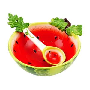 Golden Lion Creative Ceramic Dessert Salad Bowl Watermelon Set with Spoon 15.5x12.5x5.5CM