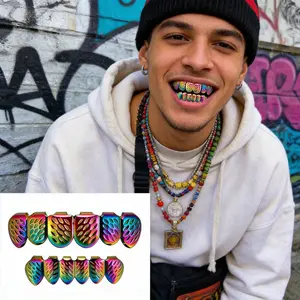 Unisex Gradient Gold Grillz | 6-8 Teeth Hip Hop Tooth Caps | Trendy Decor for Parties, Halloween & Rap Events