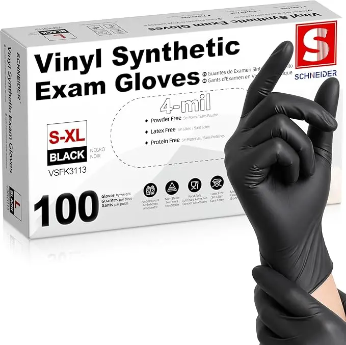 Schneider Medical Nitrile/Vinyl Blend Exam Gloves, Black Disposable | Latex&Powder free, Food Safe, Cleaning, Exam, Cooking, Food Prep, BBQ, Comfortable Fit, Ambidextrous, Unisex