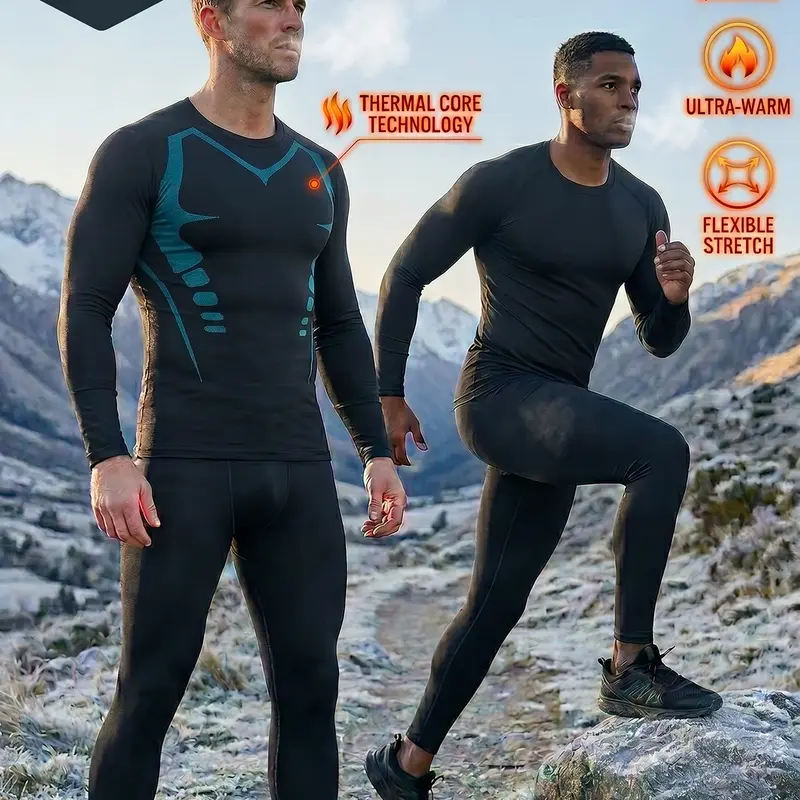 Men's 4-Piece Thermal Set — Moisture-Wicking Thermal Top and Bottom — Stretches Like a Second Skin — All-Purpose Winter Sports Set
