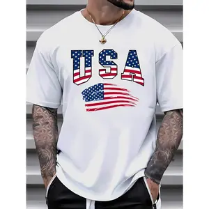 Mens Classic Crew Neck Short Sleeve USA Letter American Flag Print Tee Shirt - Soft Slight Stretch Polyester Blend Fabric, Machine Washable, Casual Summer Essential