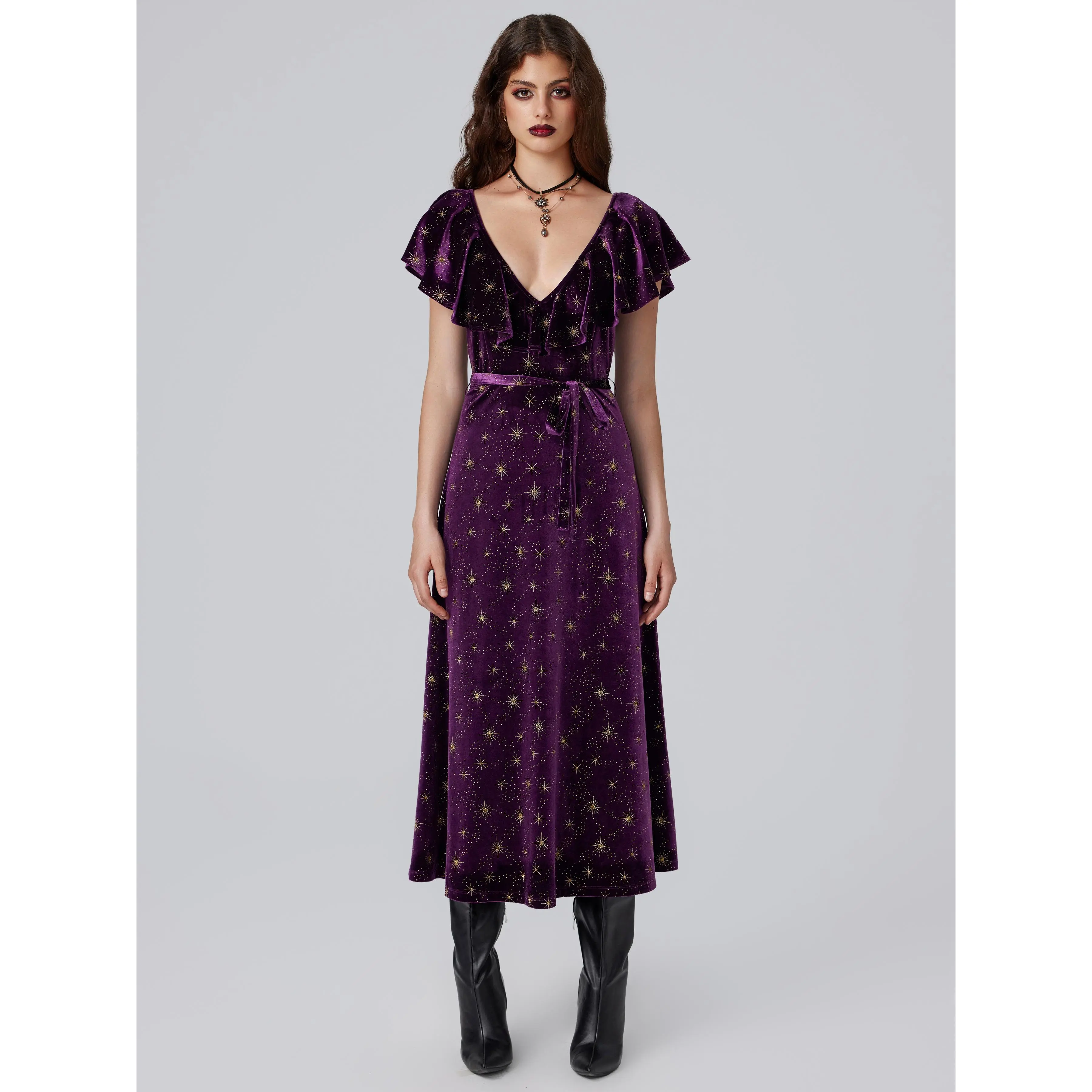 Cider Velvet V-neck Star Ruffle Tie Back Midi Dress