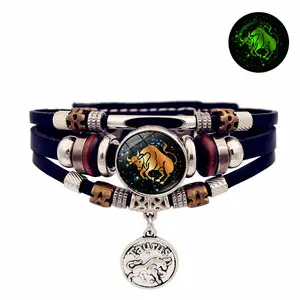 Twelve Zodiac Glow-in-the-Dark Bracelets Retro Punk Style Multi-Layer Beaded Leather Bracelets Wholesale