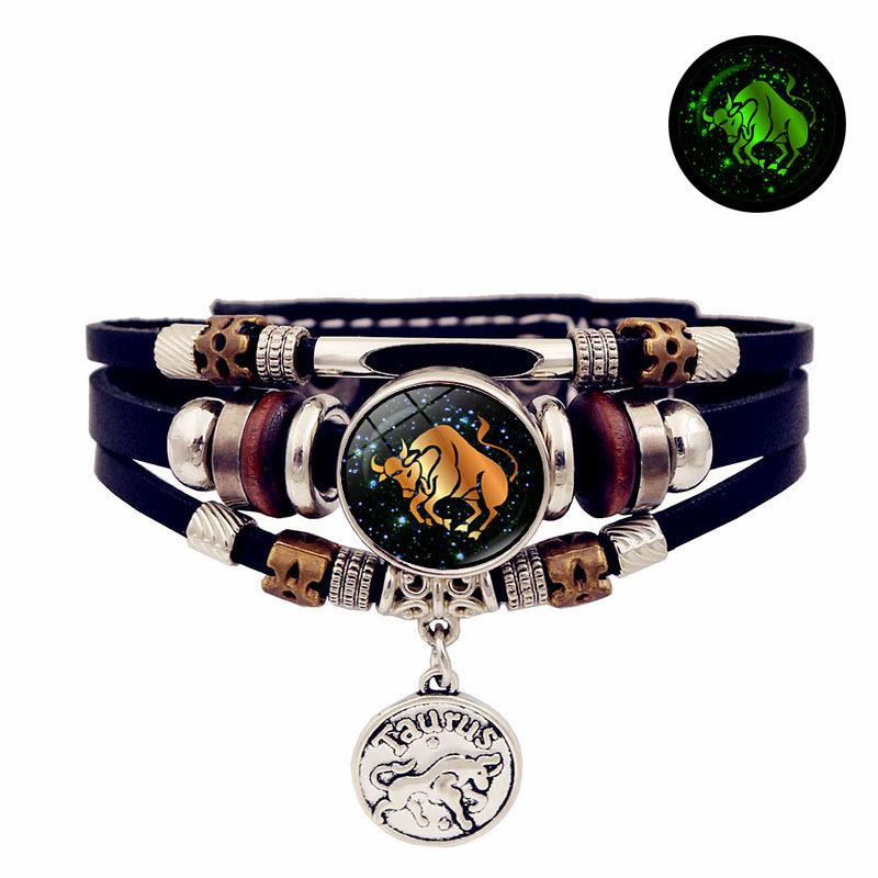 Twelve Zodiac Glow-in-the-Dark Bracelets Retro Punk Style Multi-Layer Beaded Leather Bracelets Wholesale
