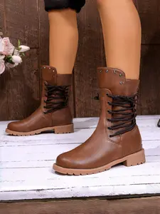 New Trendy Short Boot Pure Color Casual Lace-Up Women's Boots Fashion Versatile Skinny Boots Trendy Vacation Style Outdoor Travel