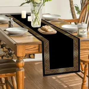 1/5/7-piece set, black gold Greek geometric patterned rectangular table flag and placemat set, Decorative Artistic Elegant European classical art design, suitable for kitchen dining, dining room, living room, home decoration, and party decoration