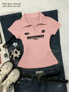 Women's Slim Fit Polo Shirt, Print V Neck Short Sleeve Top, Casual Summer Wear, Stylish Women's Clothing, Perfect for Daily