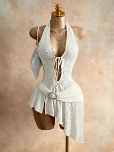 FEITAI Women's Sexy Backless V-Neck Lace-Up Halter Mini Dress With Asymmetric Hem, Suitable For Vacation, Date, Party, Music Festival