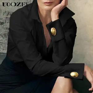 UOOZE Women's long-sleeved Slim Fit button-down solid color lapel shirt top, 100% cotton, embellished with gold buttons, slim fit, suitable for multiple occasions and can be worn in all seasons Blouse (One Size Up Recommended for C - Cup and Above) Spring
