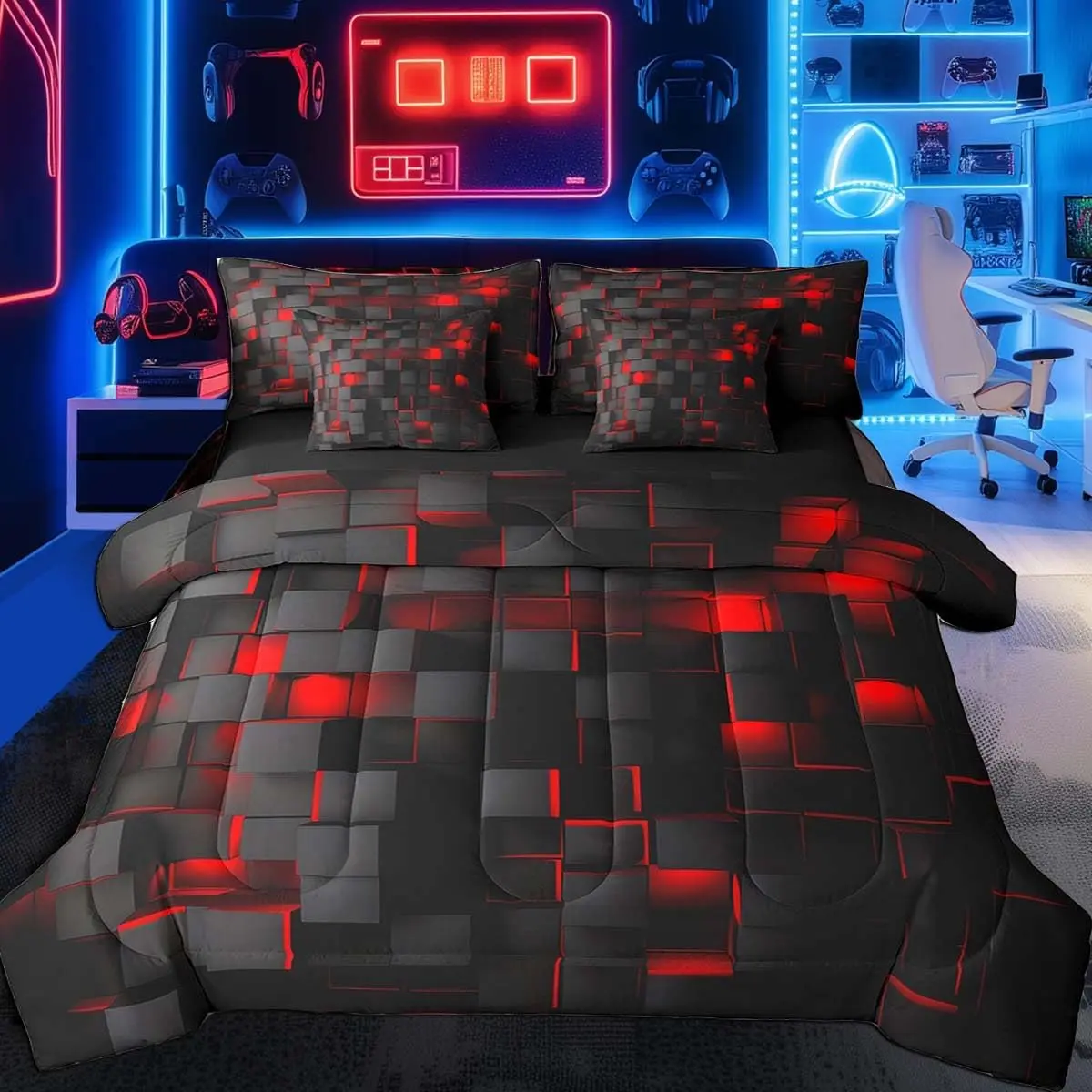 Feelyou 7-Piece Red and Black Microfiber Decorative Bedding Set - Light Geometric Comforter, Included Sheets, Machine Washable Bed-in-a-Bag for Boys, Multi-Size Bedding Sets Collections, Cozy Bed Setup, High Tensile Strength