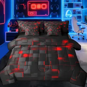 Feelyou 7-Piece Red and Black Microfiber Decorative Bedding Set - Light Geometric Comforter, Sheets Included, Bed-in-a-Bag for Boys