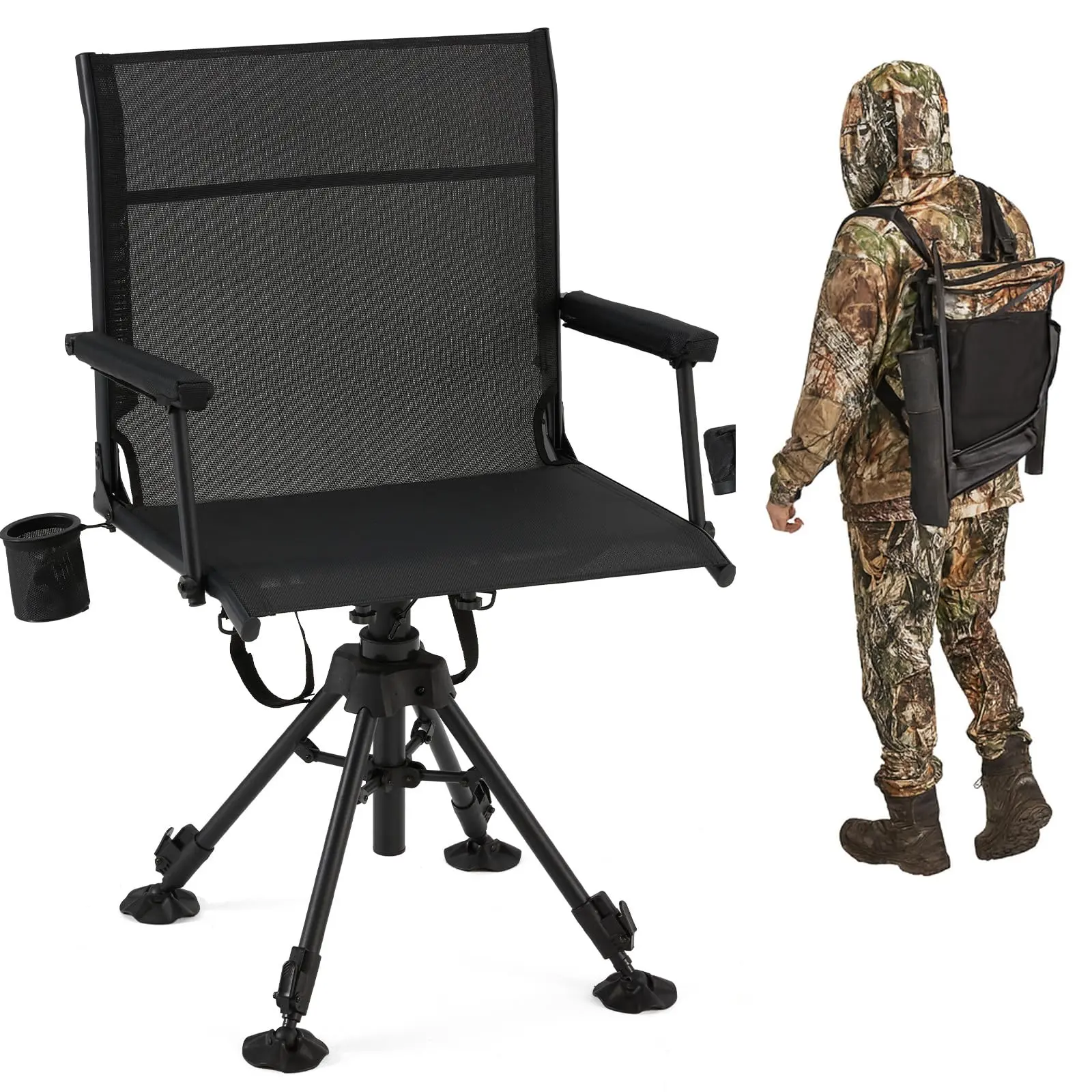 YODOLLA 360° Silent Swivel Hunting Blind Chair, Adjustable Height, Folding Ground Seat, Mesh Backrest, Tripod Legs with All-Terrain Duck Feet, Shoulder Strap, Deer Dove Turkey