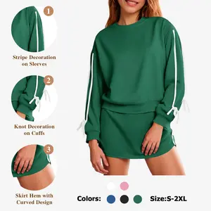 Fisoew Womens 2 Piece Outfits Casual Crewneck Tie Sweatshirt High Waisted Running Skort Skirts Workout Tracksuit Sets