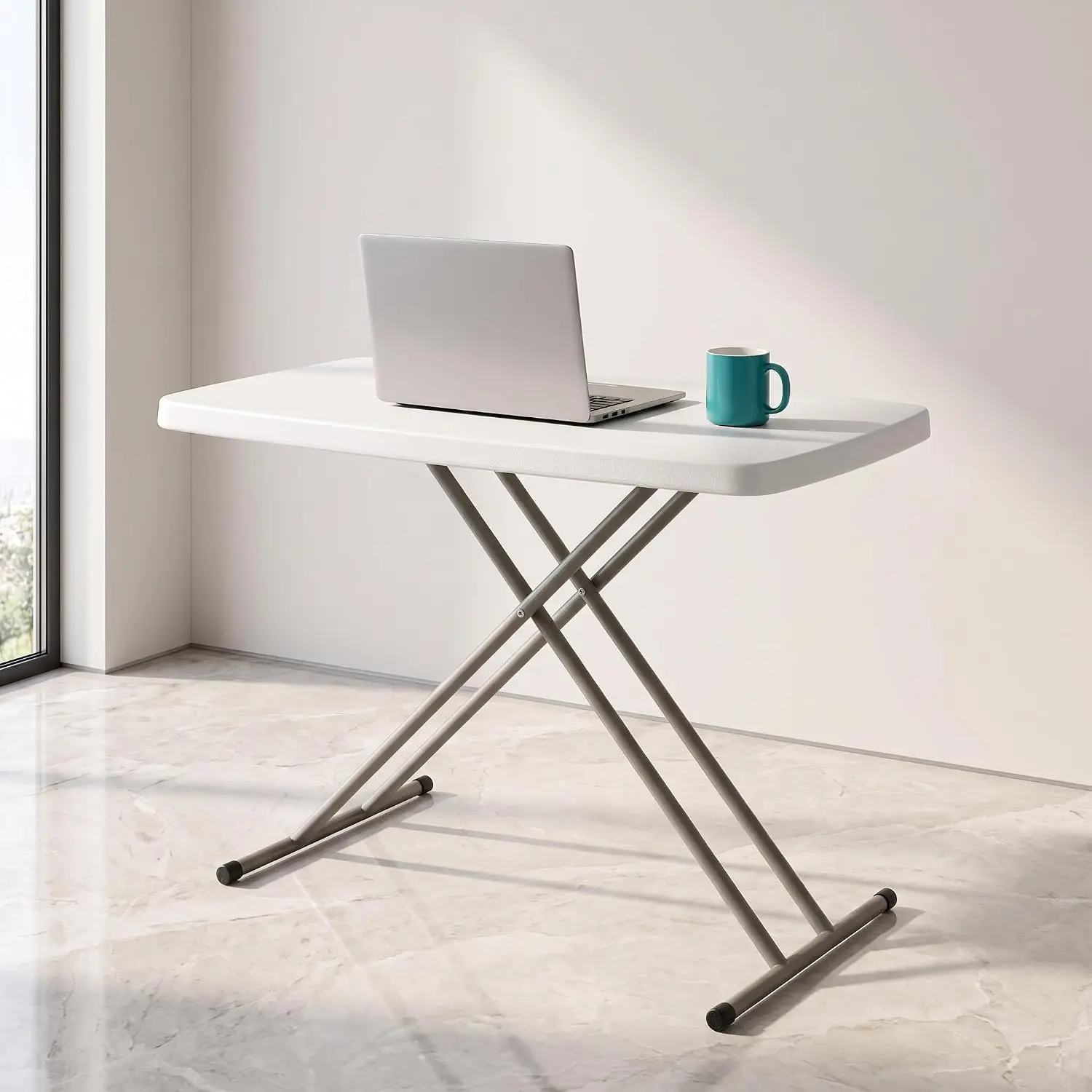 2.5 FT Foldable Table, Folding Desk, 3-Position Height Adjustable Folding Table, X-Shaped Reinforced Metal Frame, 200Lbs Load Fold Up Desk for Home Office Camping Outdoor Party White