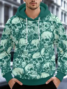 Men's Gothic Hoodie with 3D Skull Print, Casual Fitted Long Sleeve Pullover, Soft Round Neck Streetwear, Unique Gift Idea