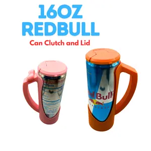 Red Bull 16oz Can Clutch Holder with Matching Lid Durable Portable Design for On-the-Go Energy Drink Use Beverage Drinkware