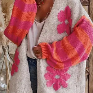 Women's Soft Chunky Knit Duster, Y2K Contrast Color Flower Top, Warm Long Sleeve Cardigan for Travel & Vacation, Gift for Her