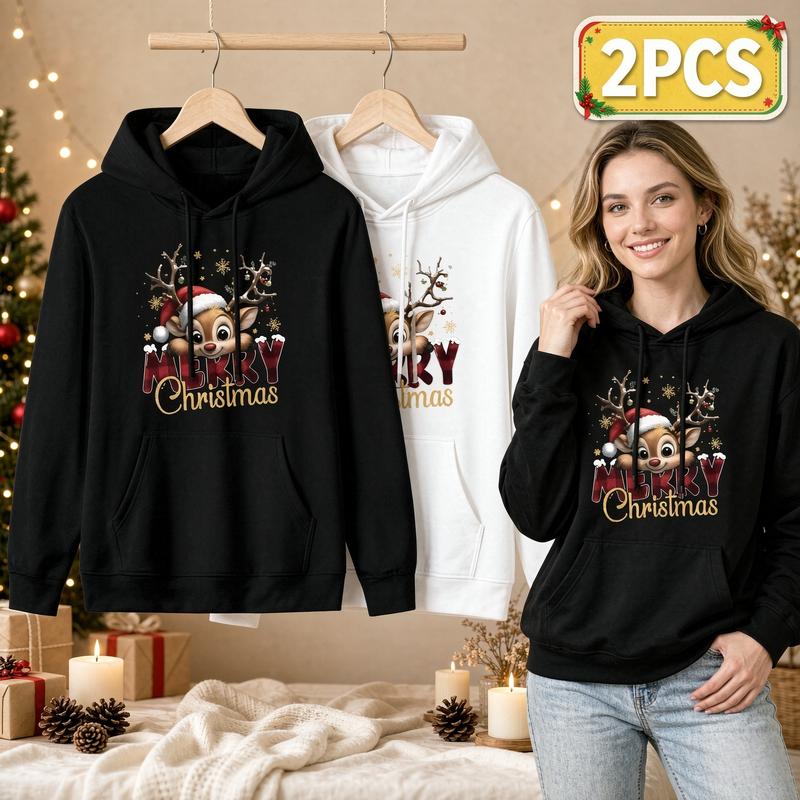 Women's 2-Pack Merry Christmas Reindeer Hoodies with Pockets - Cute Santa Hat Deer Graphic Fitted Style Lady Tops, Soft Winter Holiday Outfits, Ugly Sweater Alternative Loungewear Gift