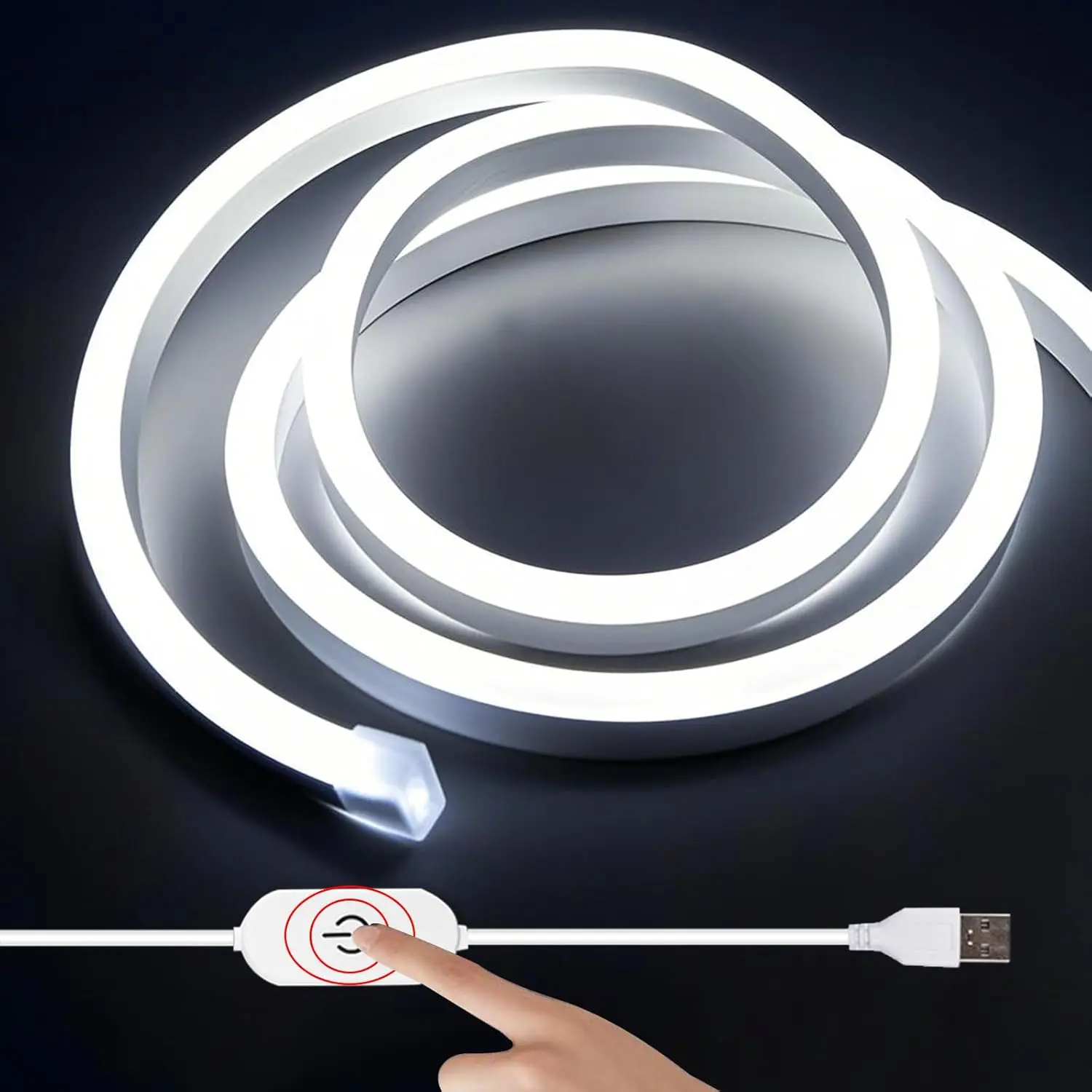 16.4FT White Neon Light Strip Waterproof, 5V USB White Led Strip Lights with Touch Controller,Cuttable Flexible Silicone Neon Rope Light for Bedroom, Party, Home Decor, Poster Lights