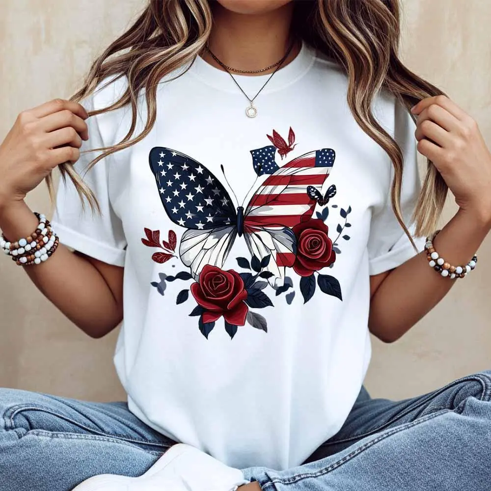 Women Casual T Shirt American Flag Butterfly And Roses Print Patriotic Design For Independence Day Celebration Crewneck Fabric