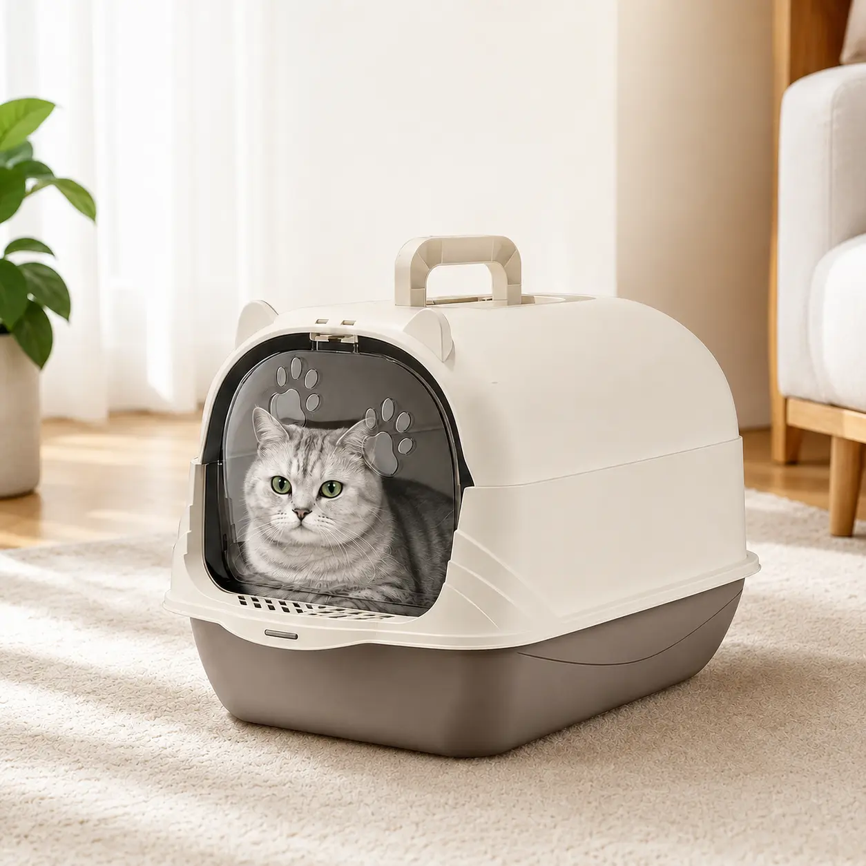 Cute Cat Ear Enclosed Litter Box, Large Covered Cat Toilet with Scoop, Detachable Hood Design, Privacy & Odor Control, Easy Clean Litter Tray for Indoor Cats