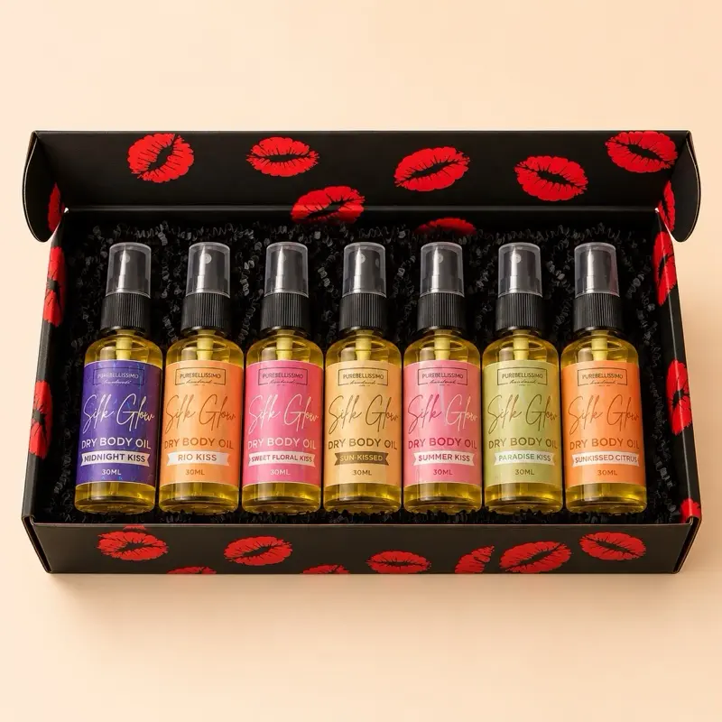 PureBellissimo Body Oil Sample Gift Set - 7 Lightweight, Non-Greasy, Smoothing Sweet-Scented Oils for Body Care with Vanilla & Almond Notes, Vanilla Body Oils