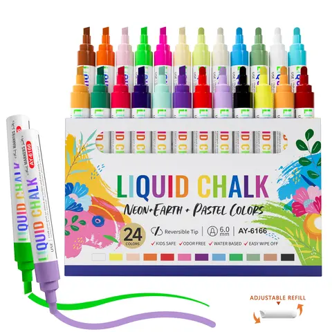 Chalk Markers 24 Vibrant Color Set for Blackboard & Glass Surfaces - Erase / 6mm Reversible Tips Bullet / Chisel - Liquid Chalk Markers for Car, Window and Chalkboard Calendar, Erasable & Washable
