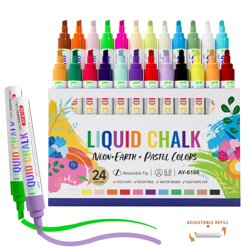 Chalk Markers 24 Vibrant Color Set for Blackboard & Glass Surfaces - Erase / 6mm Reversible Tips Bullet / Chisel - Liquid Chalk Markers for Car, Window and Chalkboard Calendar, Erasable & Washable