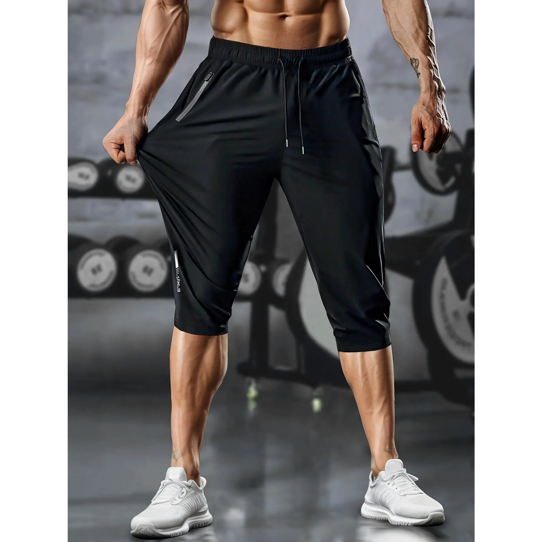 HMen's Athletic Capri Pants, Men's Workout 3/4 Length Shorts, Men's Drawstring Zipper Pocket Cropped Pants, Men's Stretch Fitness Capris, Men's Casual Knee-Length Sports Pants