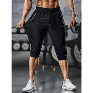 HMen's Athletic Capri Pants, Men's Workout 3/4 Length Shorts, Men's Drawstring Zipper Pocket Cropped Pants, Men's Stretch Fitness Capris, Men's Casual Knee-Length Sports Pants