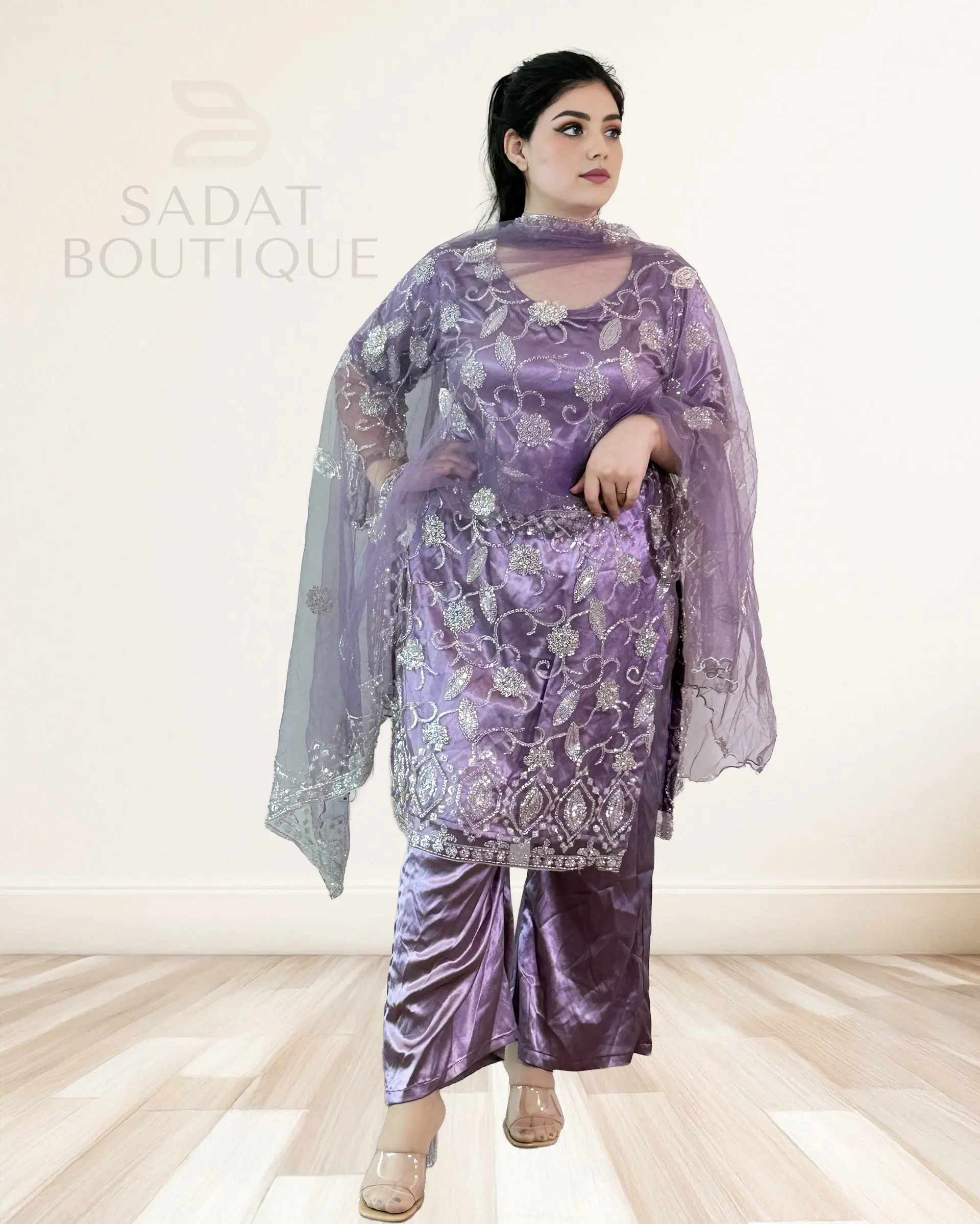 Lavender Embroidered Net Kurti Set with Tulip Shalwar – 3-Piece