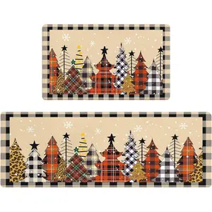 AMM Christmas Kitchen Rugs Set of 2, Buffalo Plaid Xmas Pine Tree Kitchen Mats for Floor Anti Fatigue, Winter Snowflake Christmas Kitchen Decor, Non Slip Cushioned Memory Foam Kitchen Floor Mat
