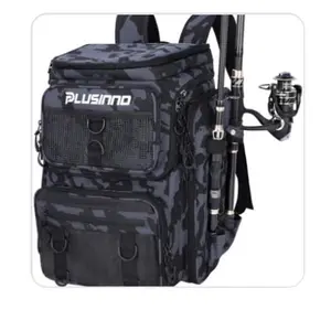 PLUSINNO Fishing Backpack with Rod Holders Tackle Box 42L Large Water-resistant Bag for Store Fishing Gear Camouflage Design