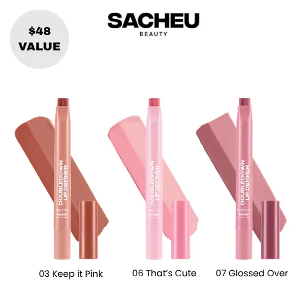 sacheu DoubleDown Lip Definer Trio - 3-Pack 2-in-1 Lip Liner & Balm Set, Long-Lasting K-Beauty Lipstick with Satin Finish, Avocado Oil & Vitamin E, Nude, Pink & Brown Shades Pigmented Lip Balm