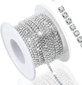10 Yards 2MM Crystal Rhinestone Close Chain Trim for Sewing Crocs Shoes Clothes Cups, SS6 Claw Rhinestone Chain for Craft Jewelry Wedding Bouquet DIY Decoration, Silver