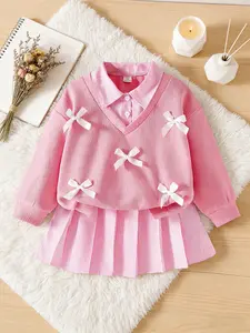 Baby Girl Bow Collar Top + Striped Short Skirt Set, Trendy Clothing, Casual Daily Cute Sweet Style