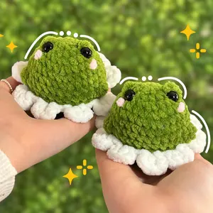 Crochet Green Frog with White Flower Petal Tutu - Soft Plushie with Eyes and Blush Cheeks