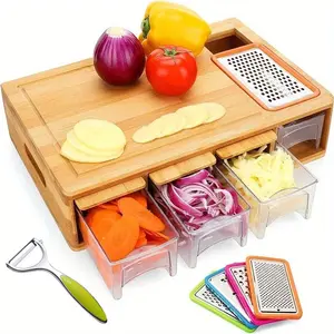 Bamboo Cutting Board with 4 Containers, Large Chopping Board with Juice Grooves, Easy-grip Handles & Food Sliding Opening, Carving Board with Trays for Food Storage, Transport and Cleanup Kitchen Knives