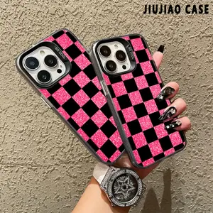 Frosted Drop-Proof Acrylic All-Inclusive Black and purple square Pattern phone case for iPhone 17 16 Pro Max 15 14 13 12 11 Plus Premium Feeling Cellphone Protector