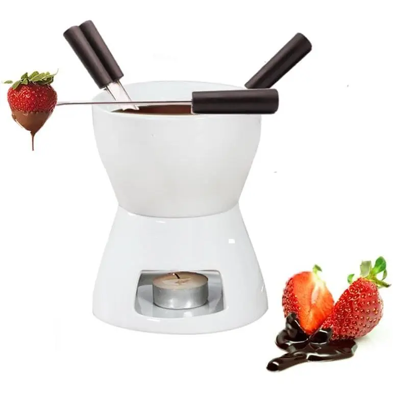 Premium Ceramic Fondue Pot Cookware Set with 4 Forks, Tea Light Porcelain Melting Pot, Butter Warmer for Chocolate, Cheese